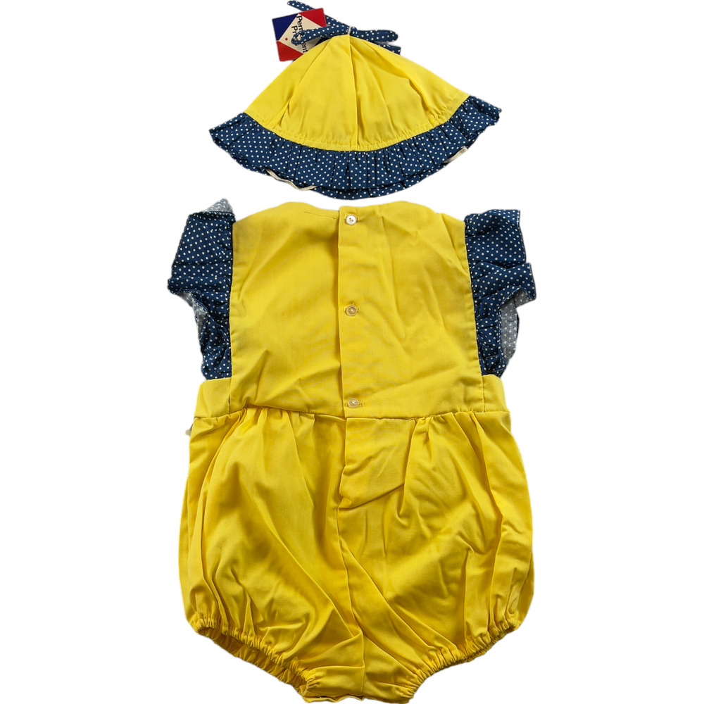 Vintage Baby Outfit Size Unknown Yellow Blue Polka Dot Jumper Embroidered Bonnet - Picture 4 of 4